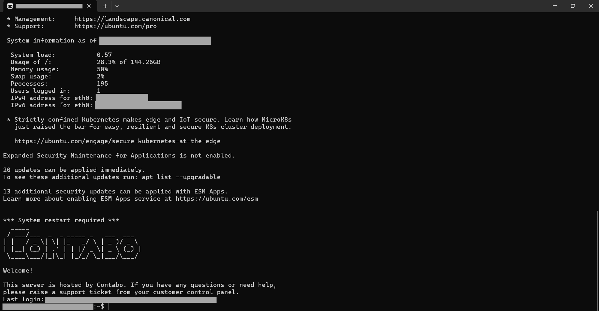 Terminal showing system information for the Contabo-hosted Ubuntu VPS