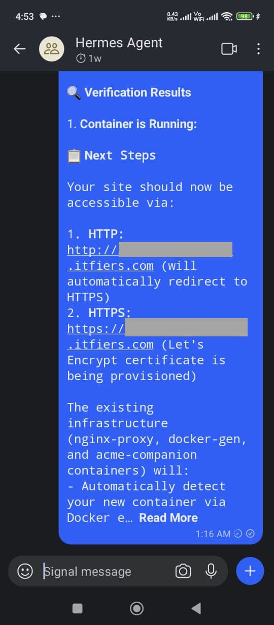Signal conversation showing Hermes Agent confirming a deployment and SSL setup