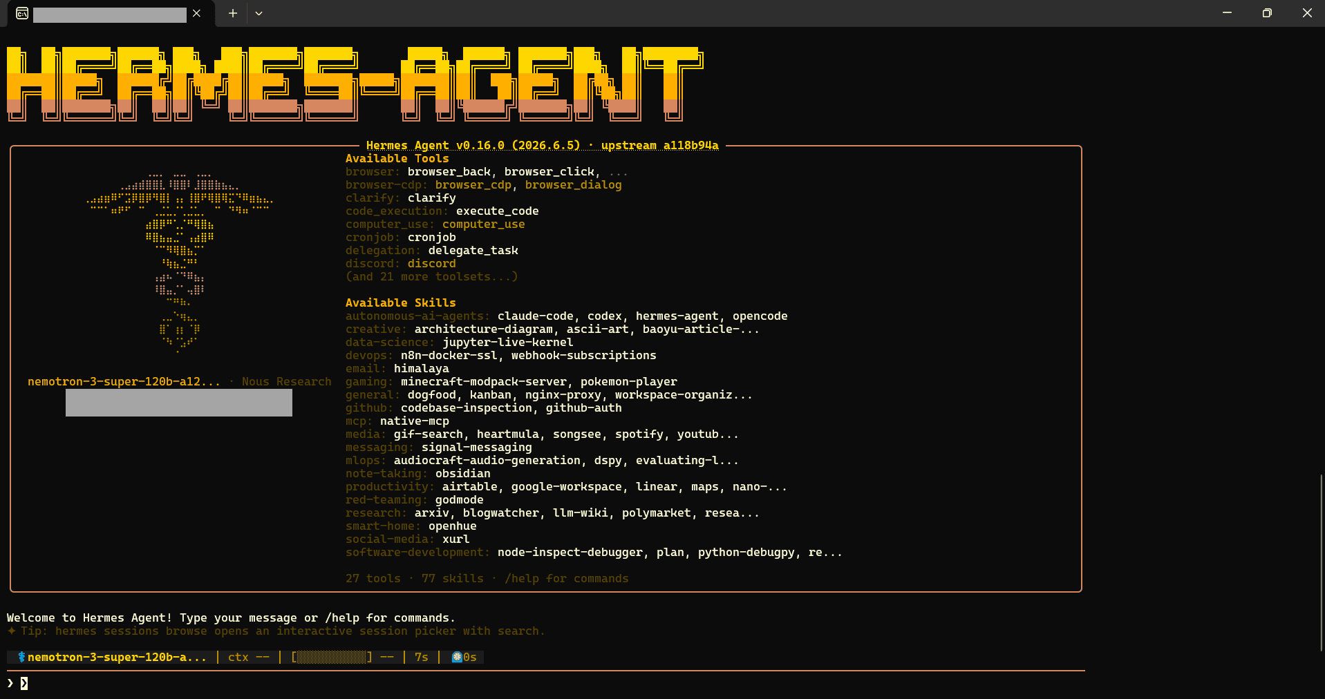 Hermes Agent CLI showing available tools and installed skills