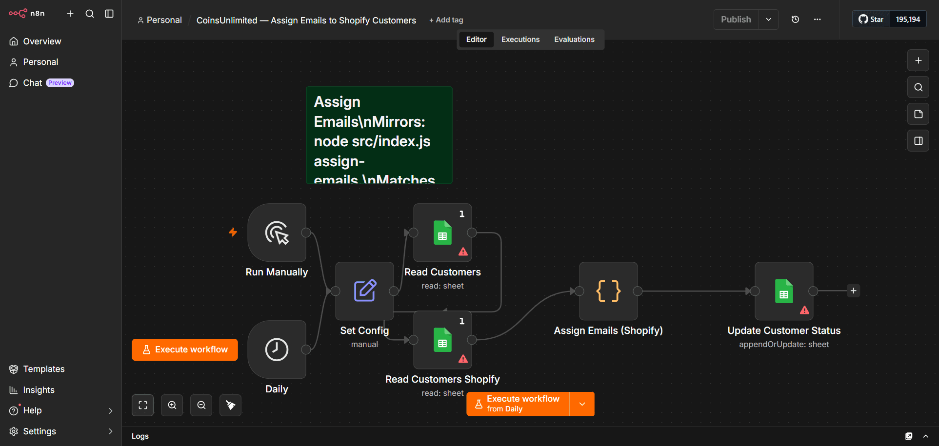 Assign Emails to Shopify Customers n8n workflow diagram