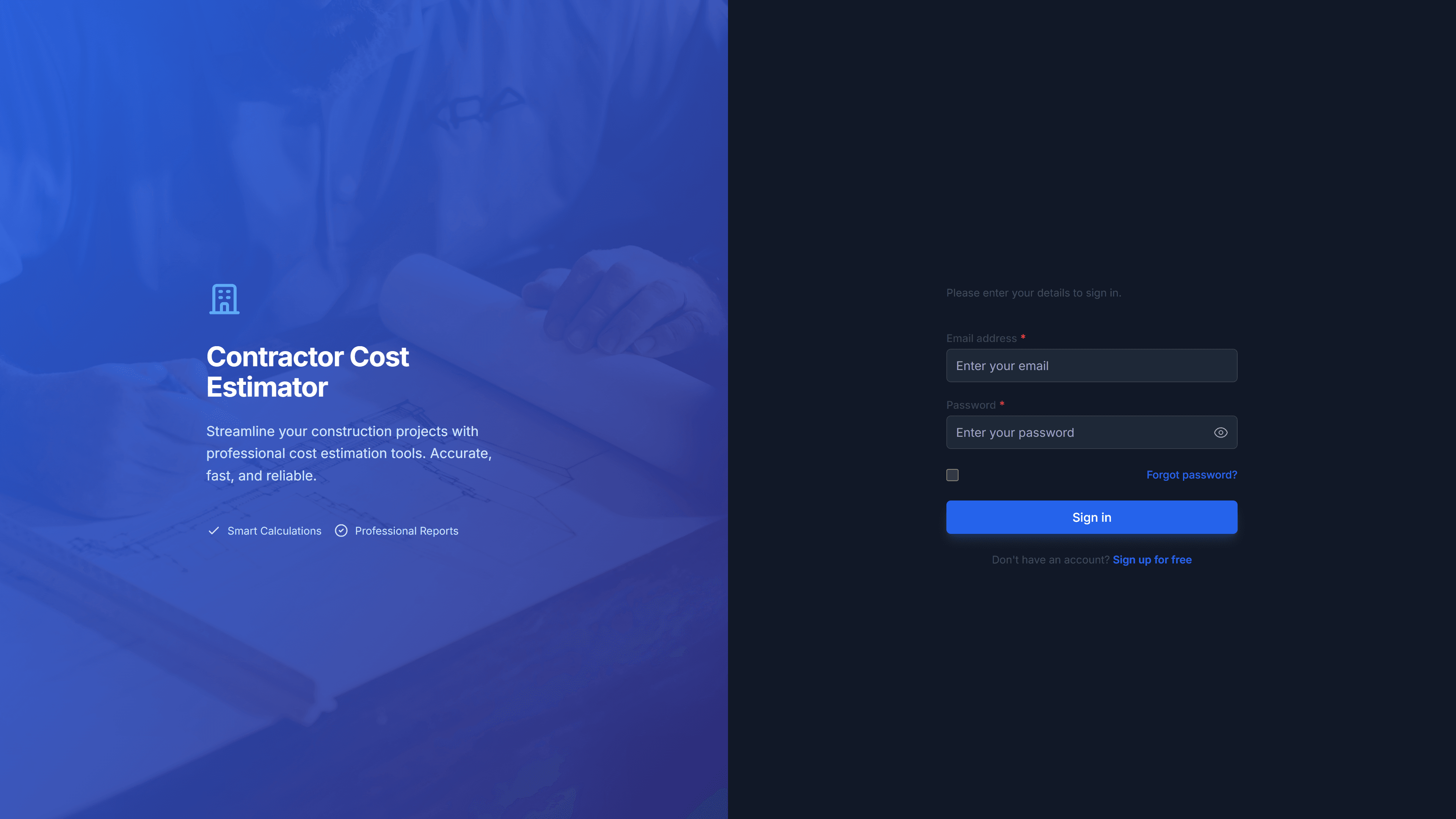 Secure login page for the Hunters estimating platform