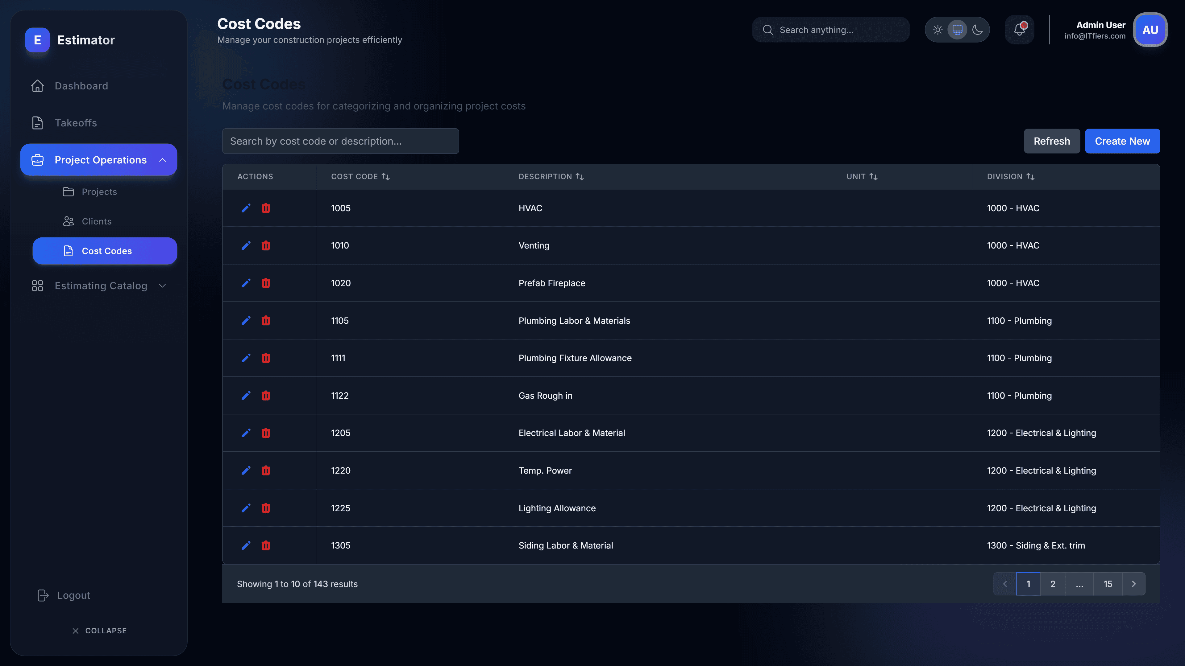 Cost codes management interface
