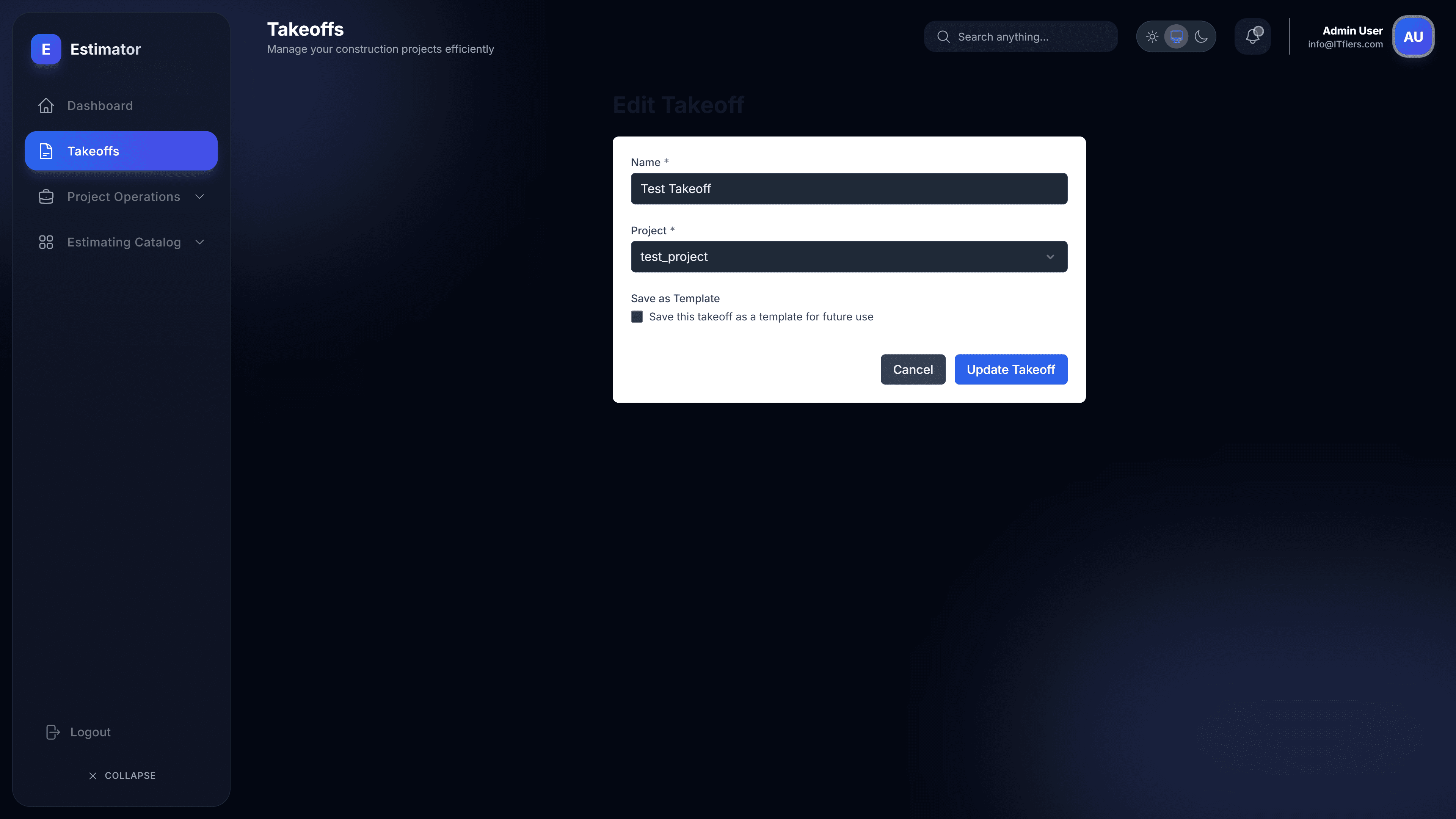 Takeoff builder for line-by-line estimate construction