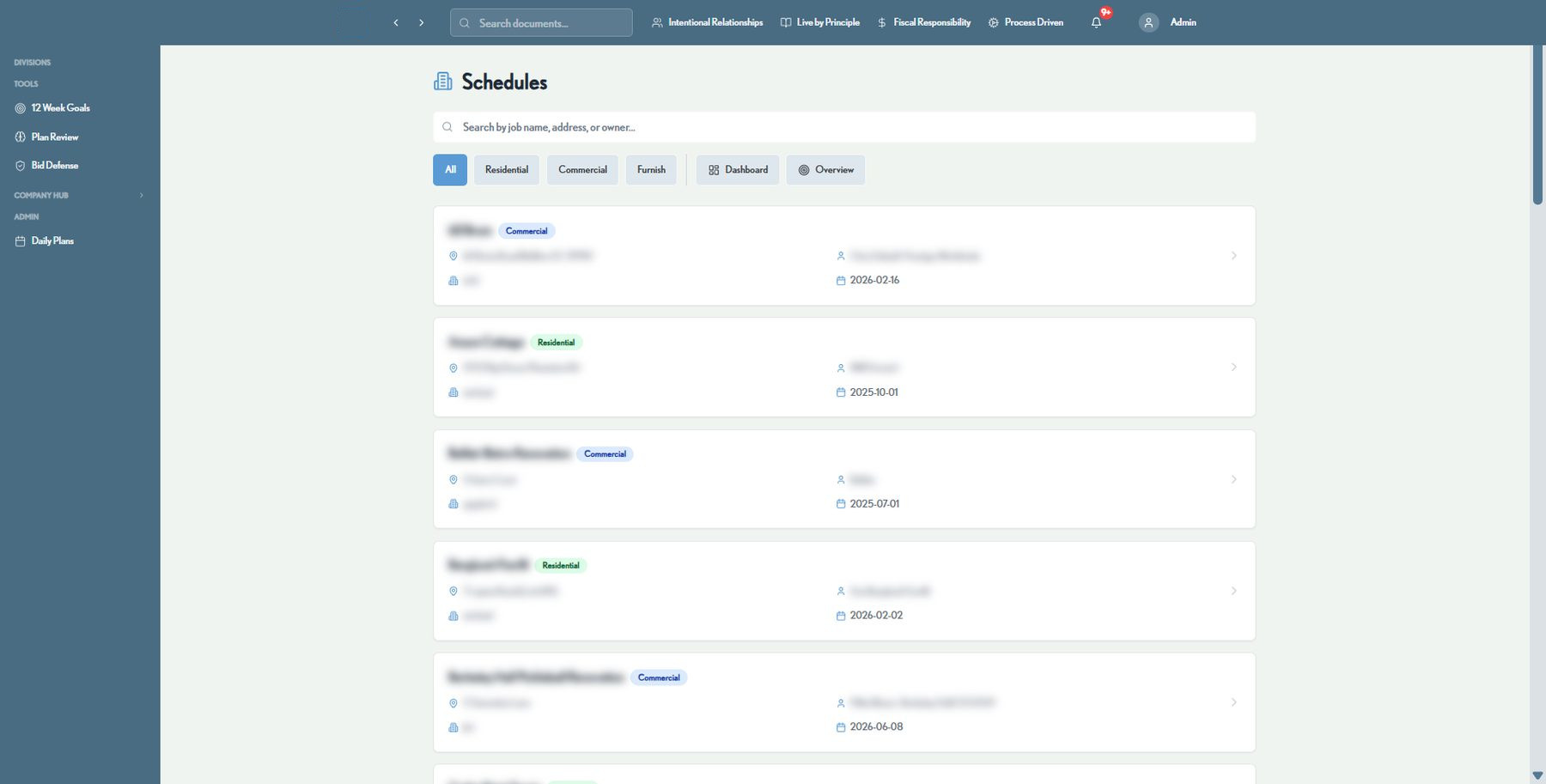 ConstructionOS job directory with search and division filters