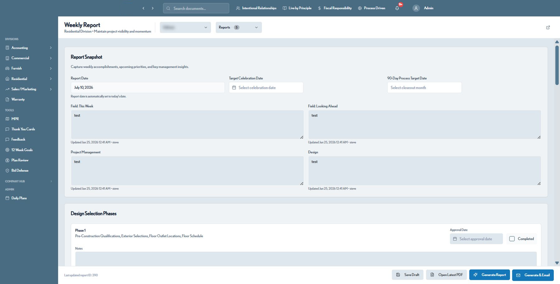 ConstructionOS weekly client report builder with design selection phases