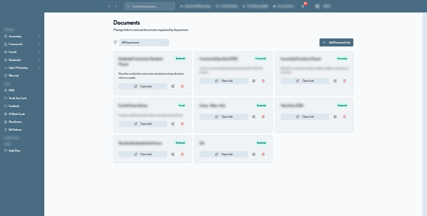 ConstructionOS centralized document library organized by department