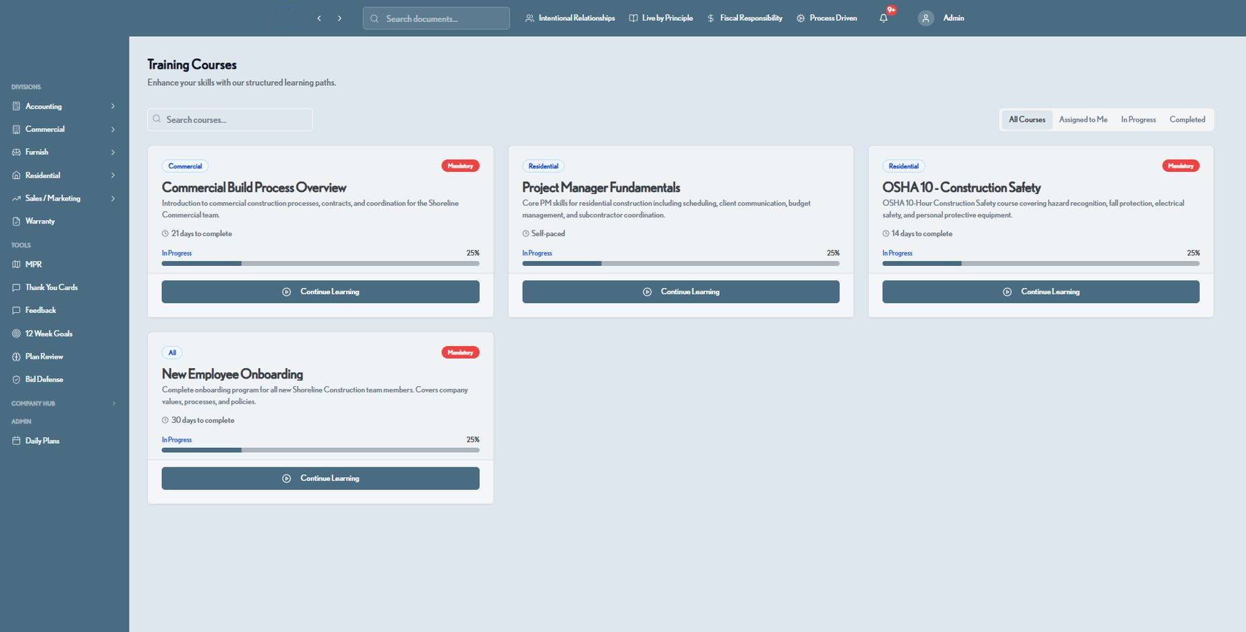 ConstructionOS training courses library with progress tracking